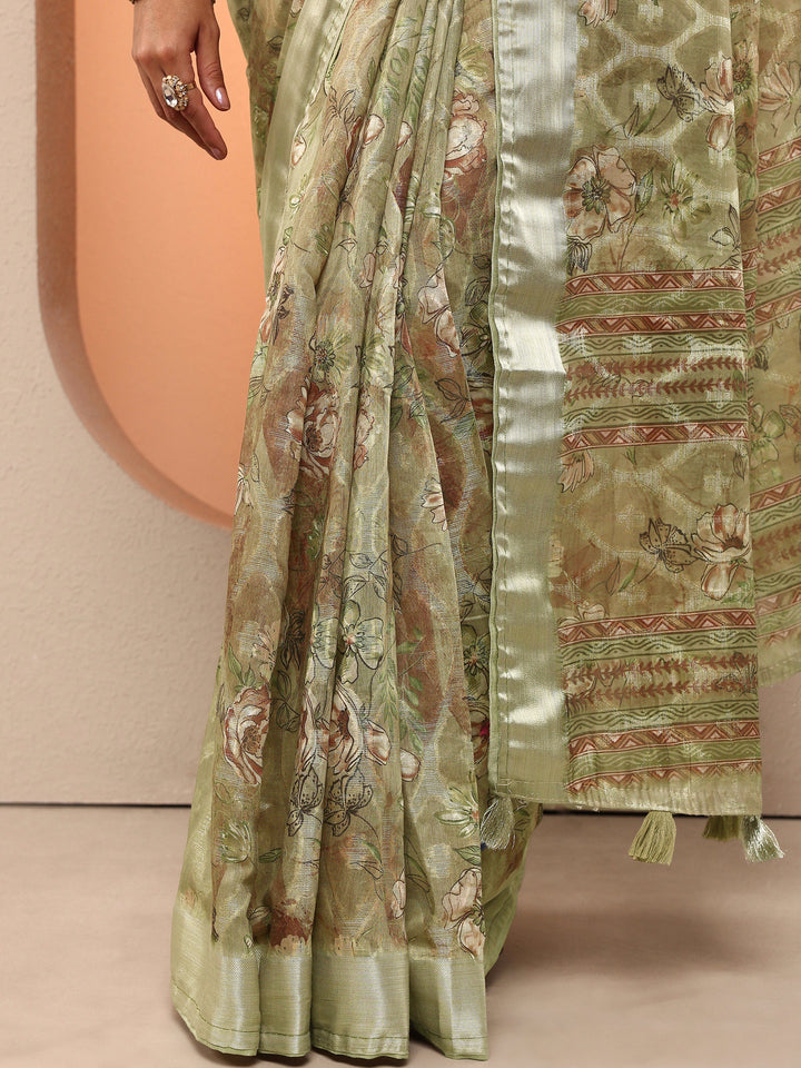 Green Printed Silk Blend Saree With Unstitched Blouse Piece