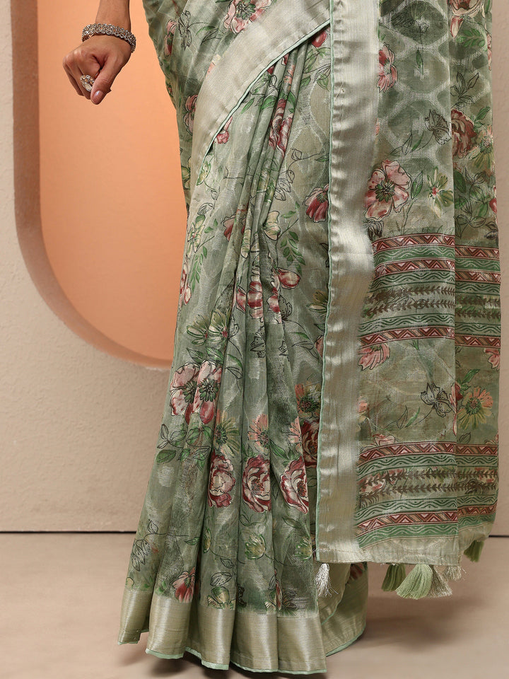 Green Printed Silk Blend Saree With Unstitched Blouse Piece