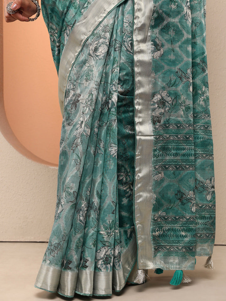 Blue Printed Silk Blend Saree With Unstitched Blouse Piece
