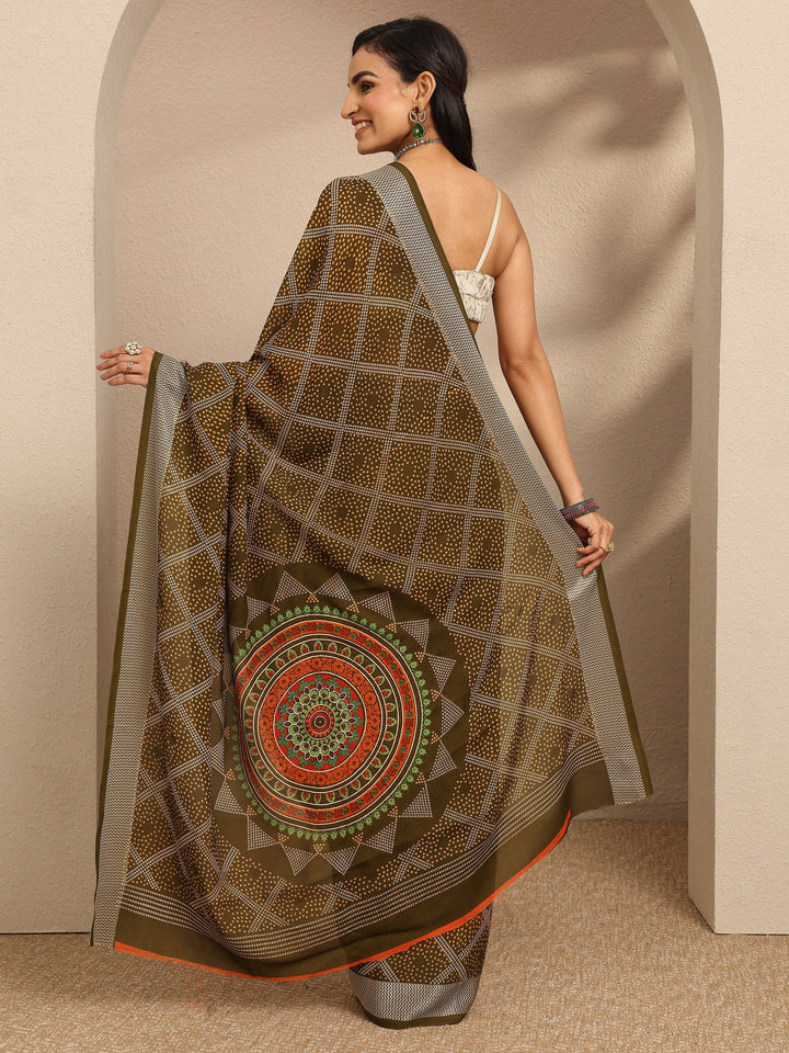 Green Bandhani Printed Georgette Saree With Unstitched Blouse Piece