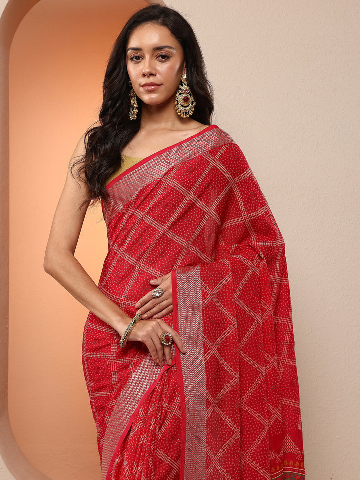 Pink Bandhani Printed Georgette Saree With Unstitched Blouse Piece