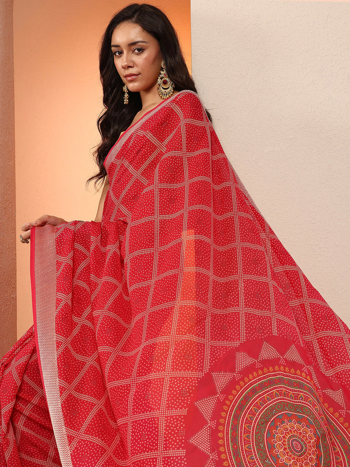 Pink Bandhani Printed Georgette Saree With Unstitched Blouse Piece