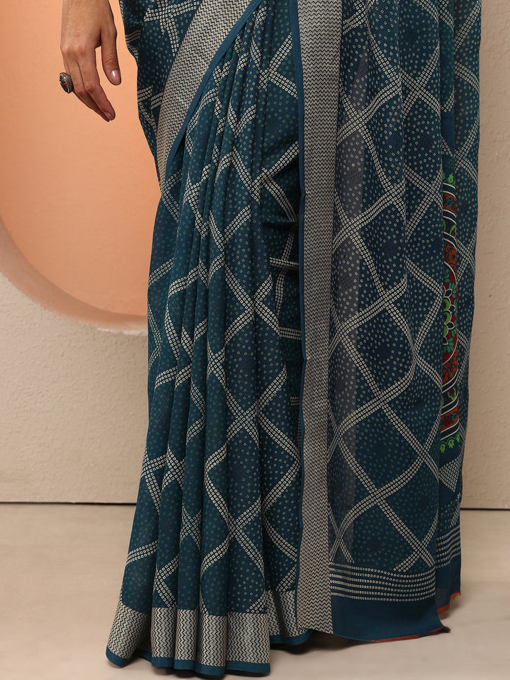 Navy Blue Bandhani Printed Georgette Saree With Unstitched Blouse Piece