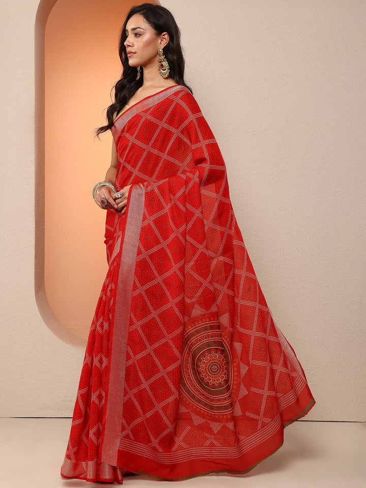 Red Bandhani Printed Georgette Saree With Unstitched Blouse Piece