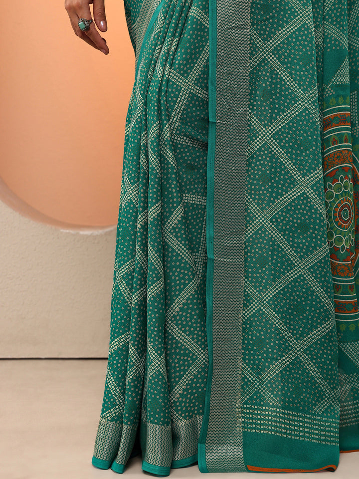 Green Bandhani Printed Georgette Saree With Unstitched Blouse Piece
