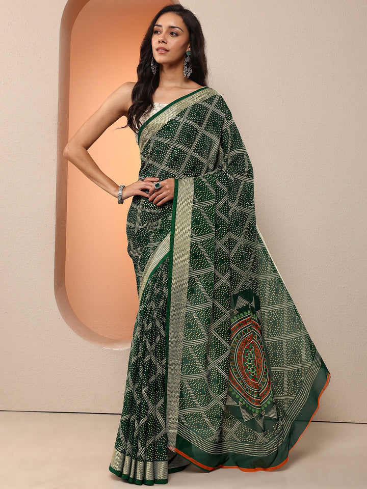 Green Bandhani Printed Georgette Saree With Unstitched Blouse Piece
