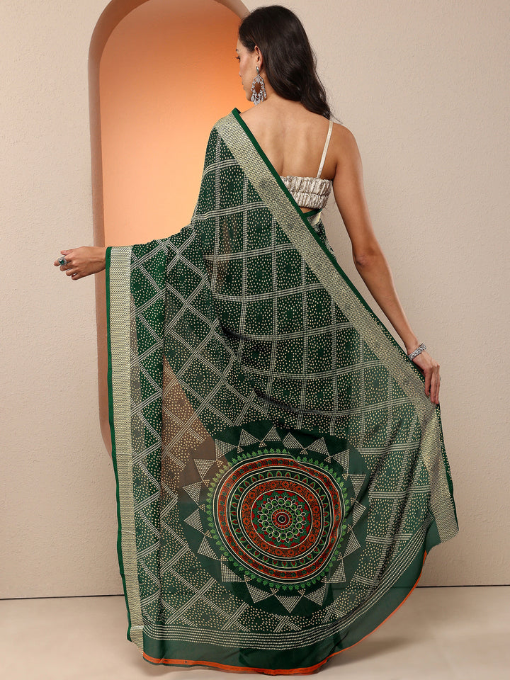 Green Bandhani Printed Georgette Saree With Unstitched Blouse Piece