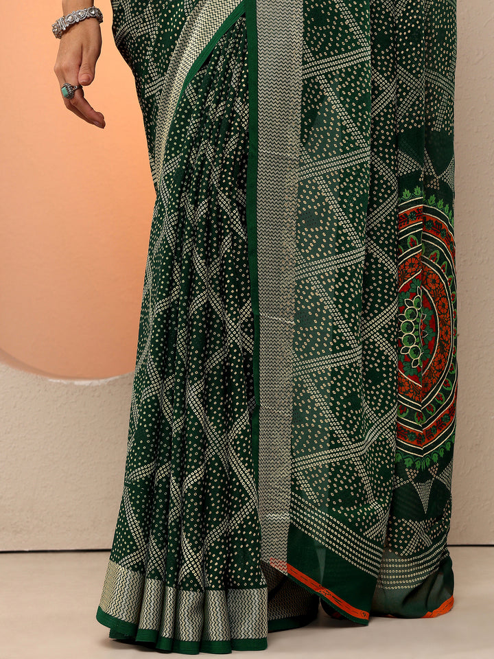Green Bandhani Printed Georgette Saree With Unstitched Blouse Piece