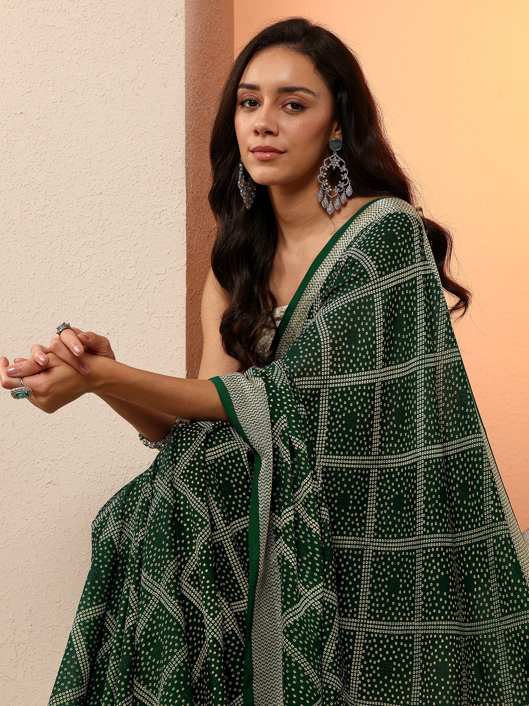 Green Bandhani Printed Georgette Saree With Unstitched Blouse Piece