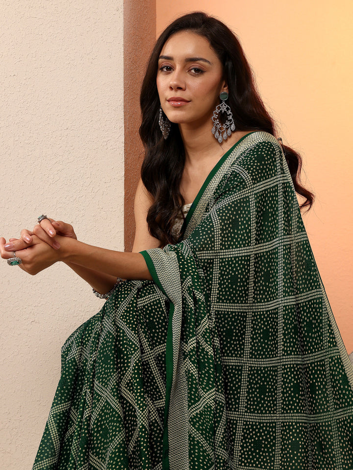 Green Bandhani Printed Georgette Saree With Unstitched Blouse Piece
