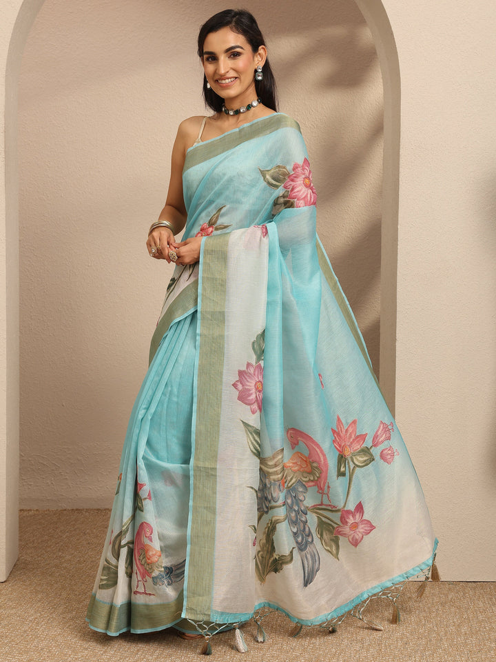 Blue Embellished Silk Blend Saree With Unstitched Blouse Piece