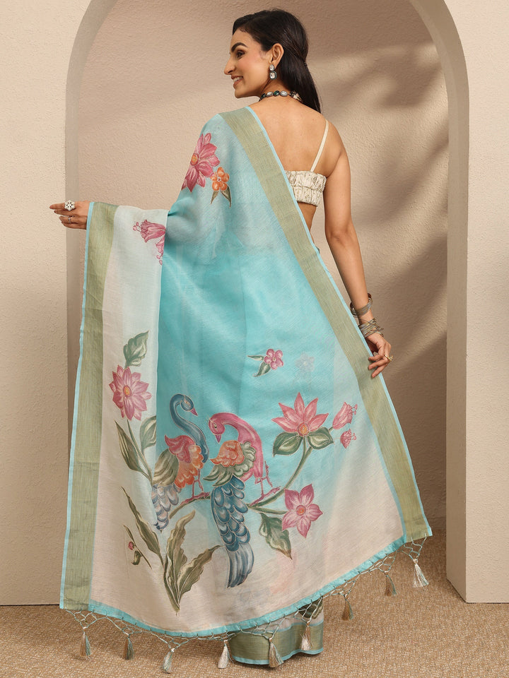 Blue Embellished Silk Blend Saree With Unstitched Blouse Piece
