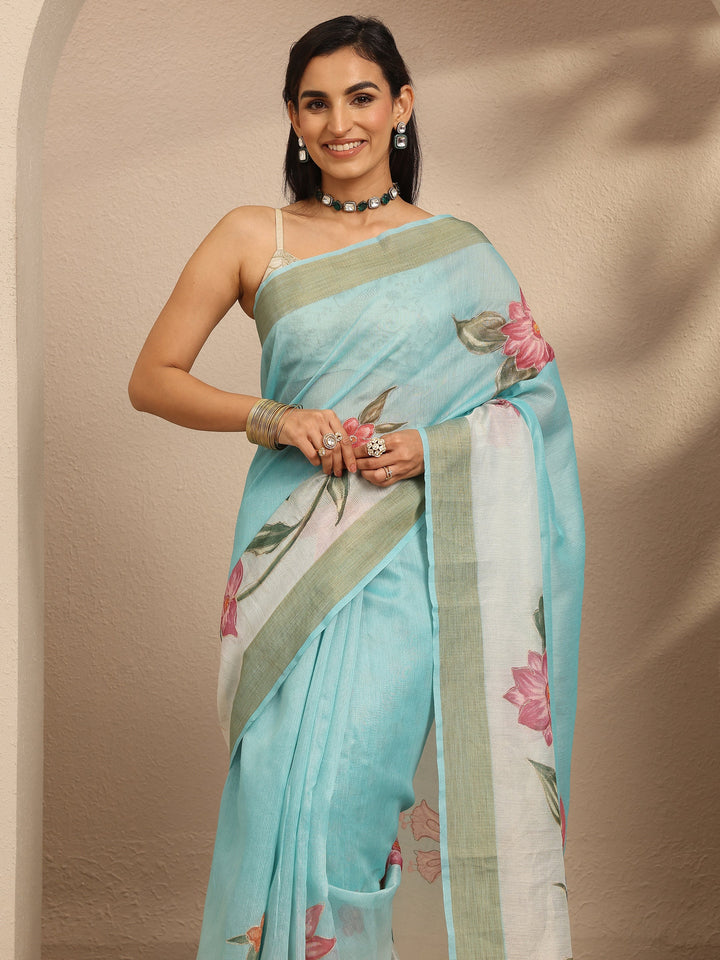 Blue Embellished Silk Blend Saree With Unstitched Blouse Piece