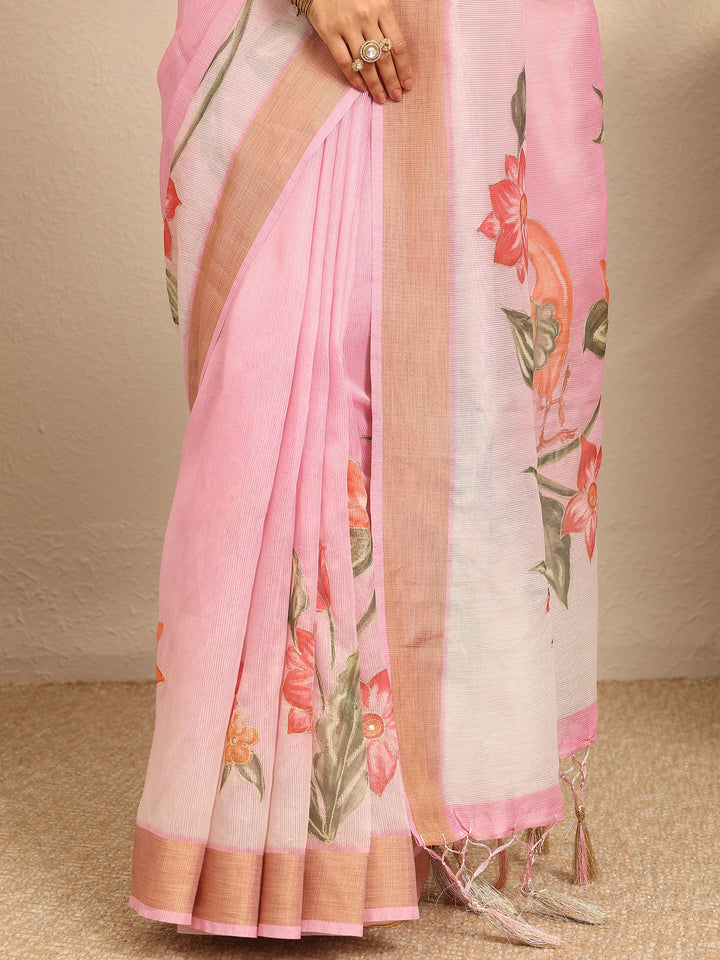Pink  Embellished Silk Blend Saree With Unstitched Blouse Piece