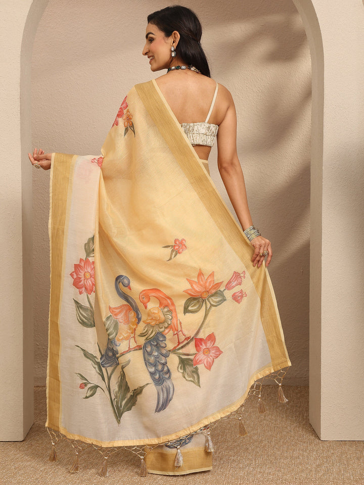 Yellow Embellished Silk Blend Saree With Unstitched Blouse Piece