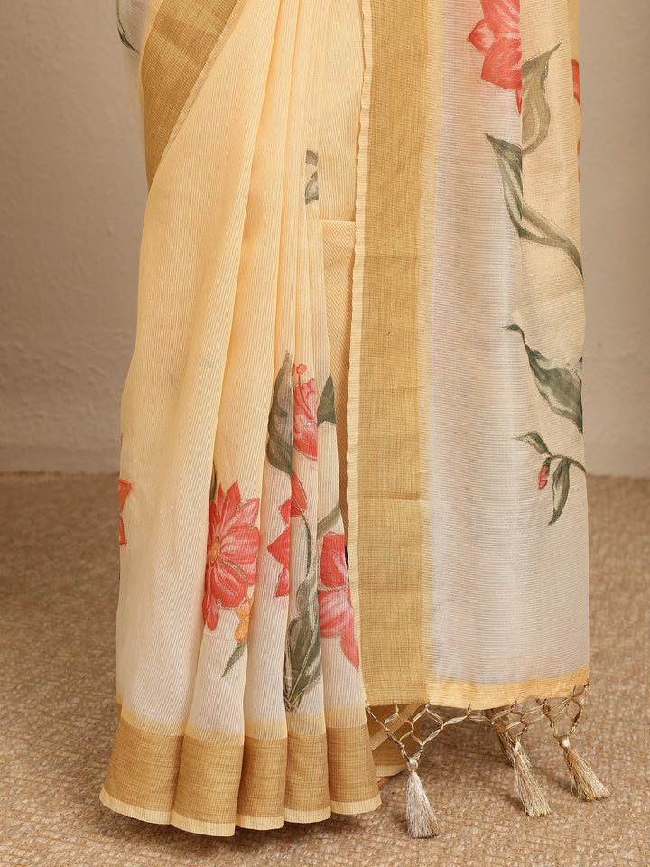 Yellow Embellished Silk Blend Saree With Unstitched Blouse Piece