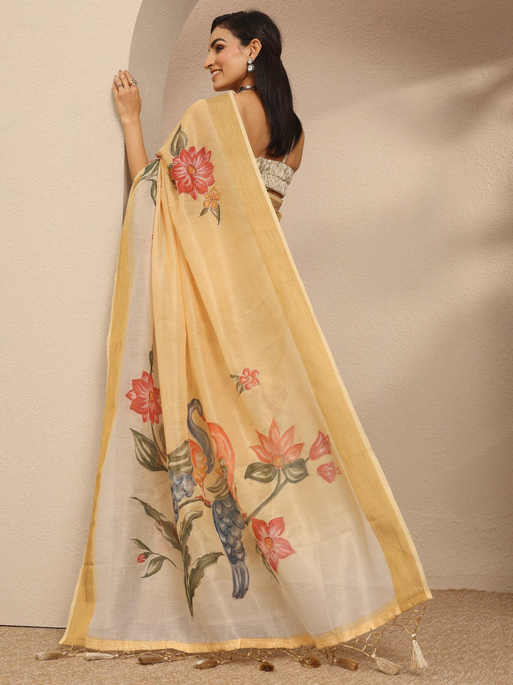 Yellow Embellished Silk Blend Saree With Unstitched Blouse Piece