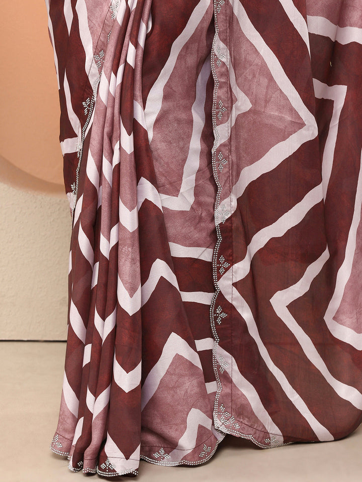 Burgundy Leheriya Printed Satin Saree With Unstitched Blouse Piece