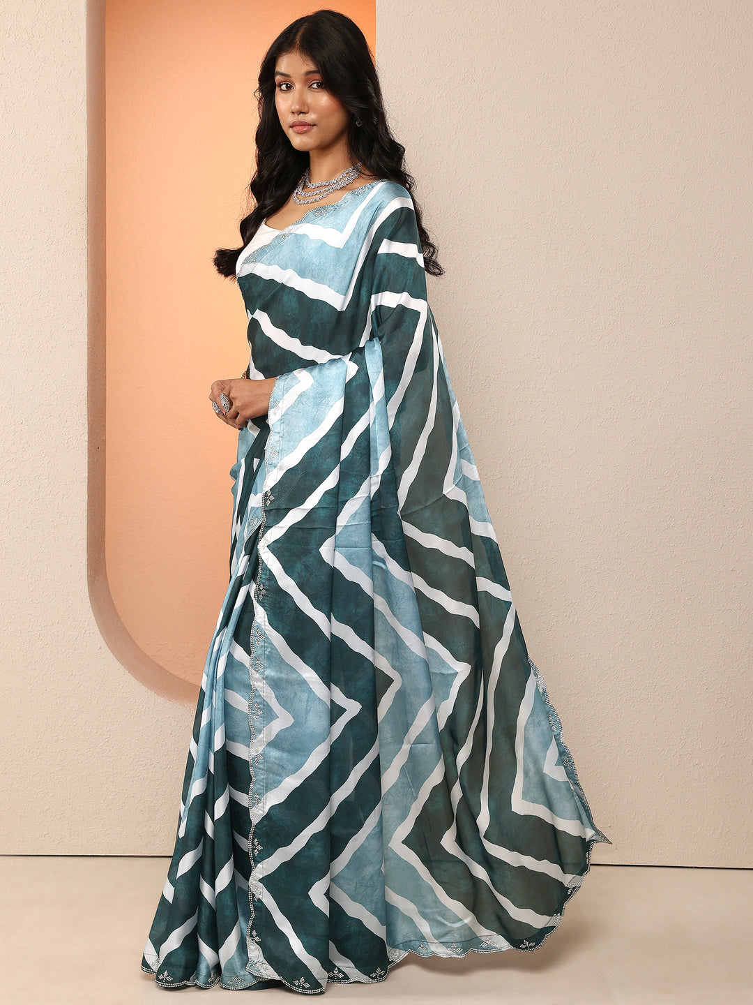 Blue Leheriya Printed Satin Saree With Unstitched Blouse Piece