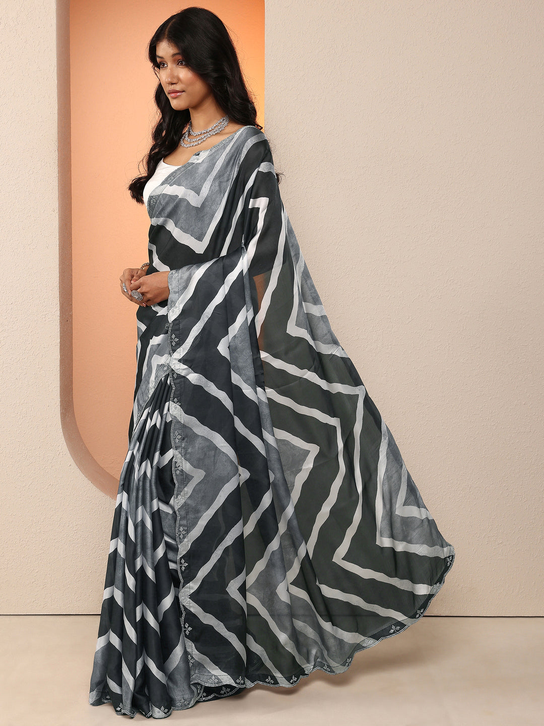 Black Leheriya Printed Satin Saree With Unstitched Blouse Piece