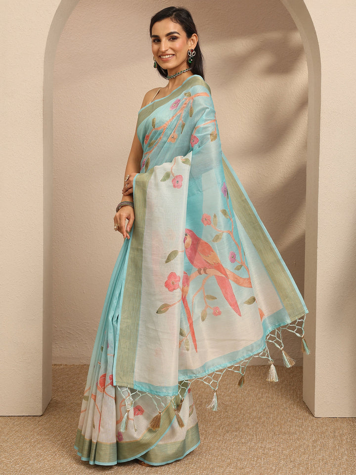 Blue Embellished Silk Blend Saree With Unstitched Blouse Piece