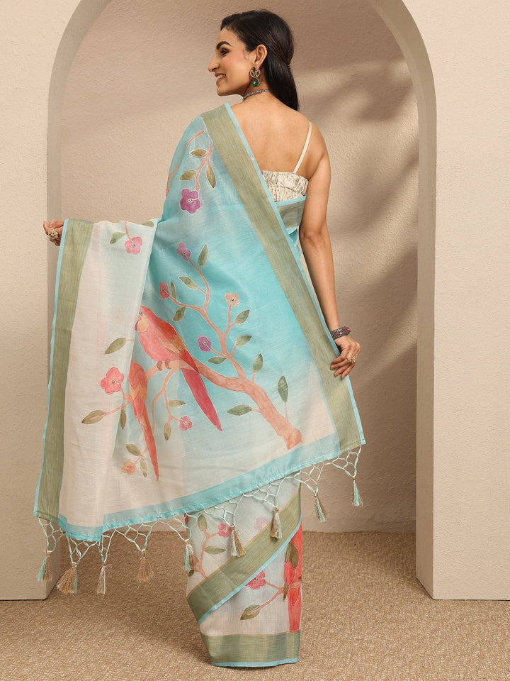 Blue Embellished Silk Blend Saree With Unstitched Blouse Piece