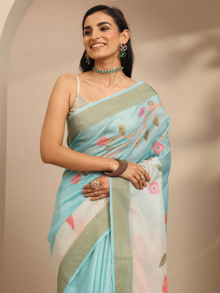 Blue Embellished Silk Blend Saree With Unstitched Blouse Piece