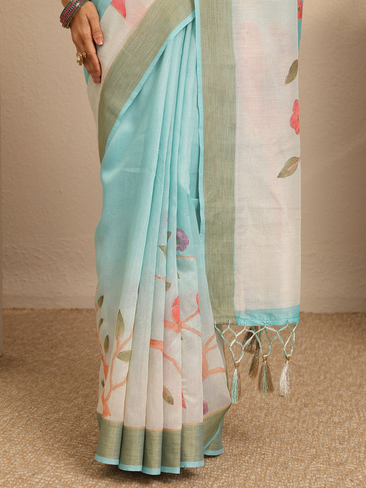 Blue Embellished Silk Blend Saree With Unstitched Blouse Piece