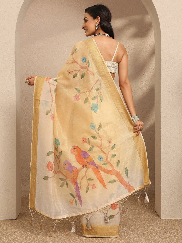Yellow Embellished Silk Blend Saree With Unstitched Blouse Piece