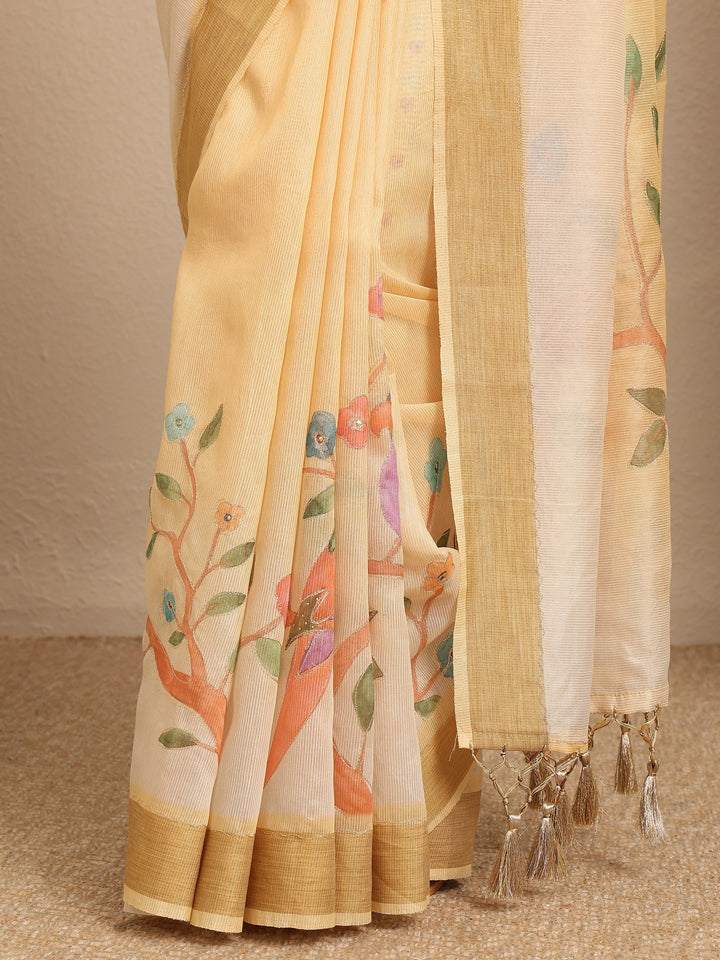 Yellow Embellished Silk Blend Saree With Unstitched Blouse Piece