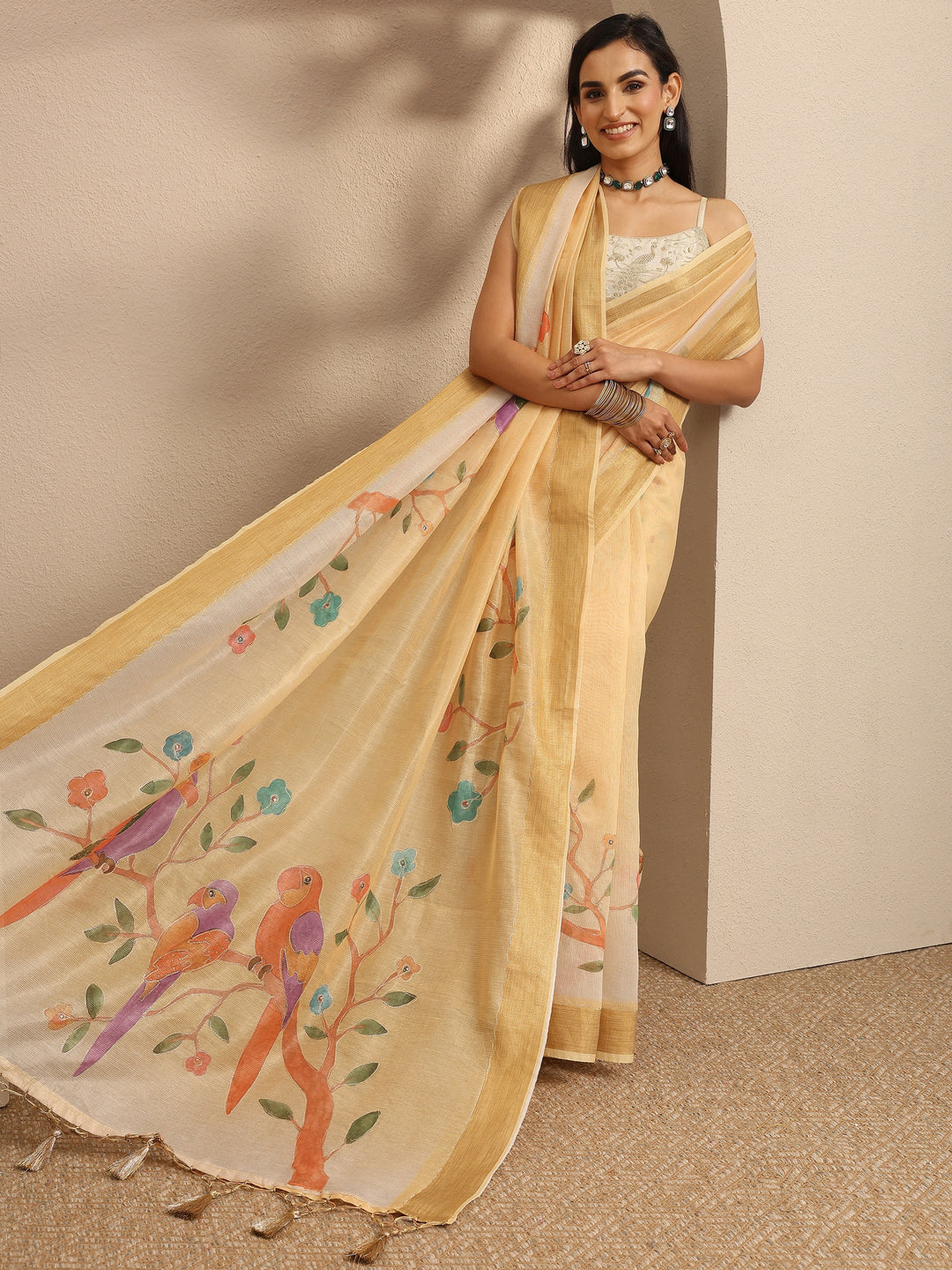 Yellow Embellished Silk Blend Saree With Unstitched Blouse Piece