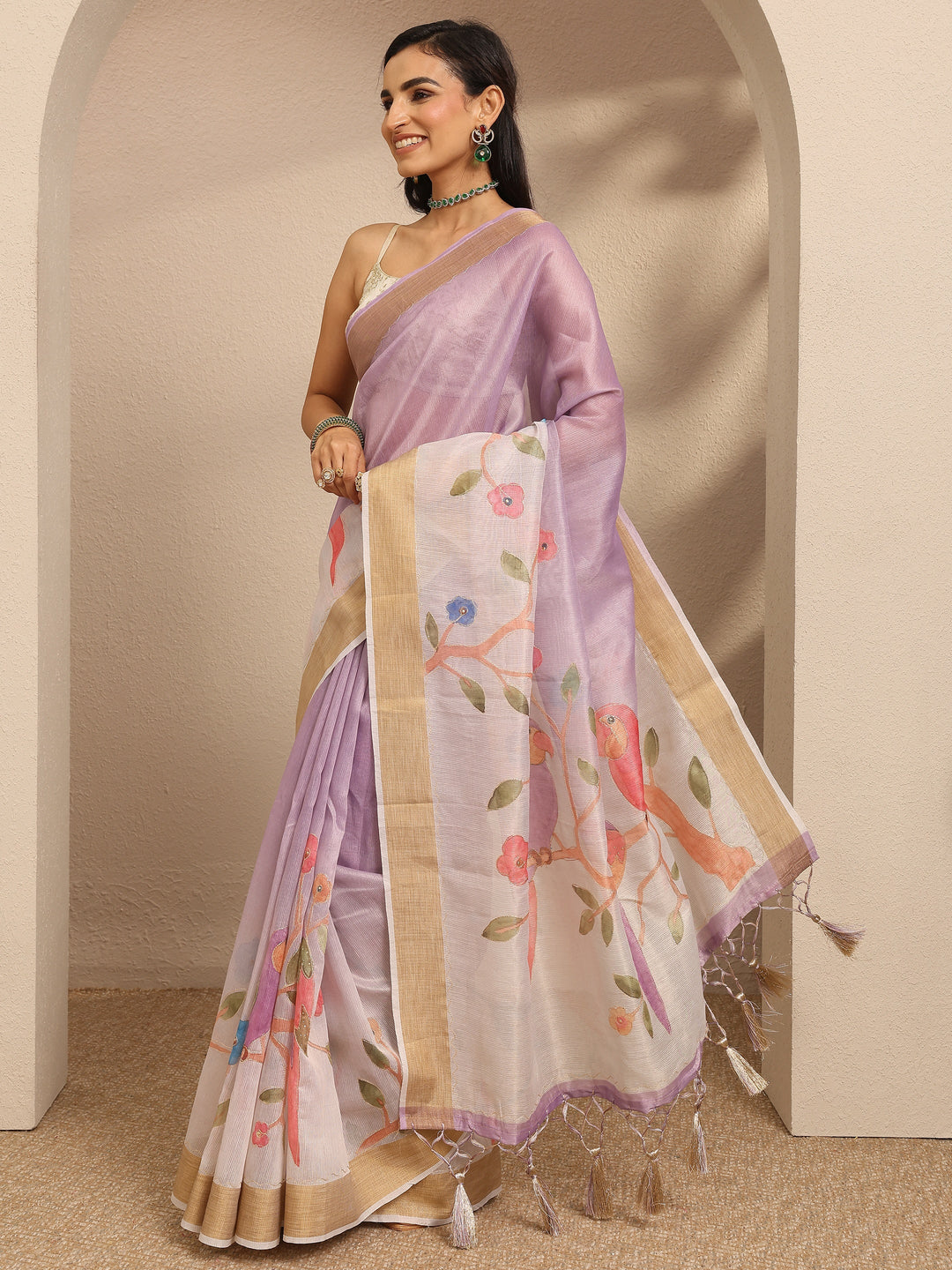 Lavender Embellished Silk Blend Saree With Unstitched Blouse Piece
