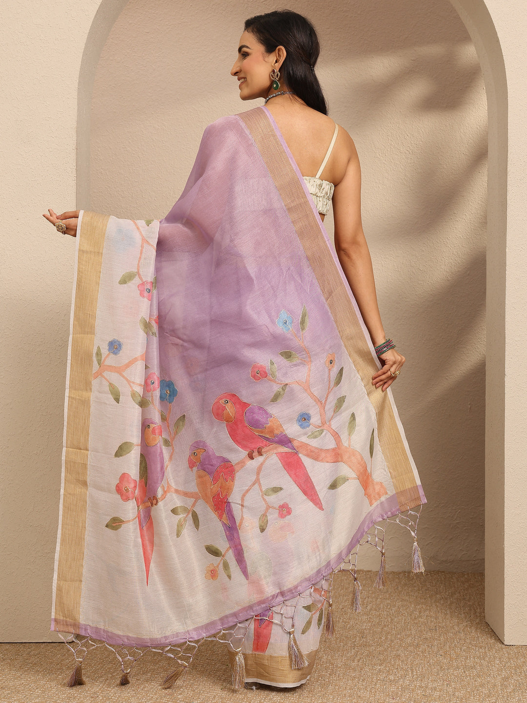 Lavender Embellished Silk Blend Saree With Unstitched Blouse Piece