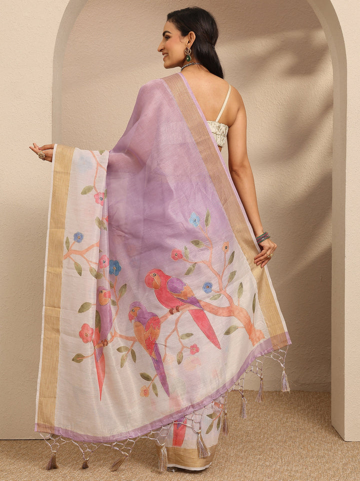 Lavender Embellished Silk Blend Saree With Unstitched Blouse Piece