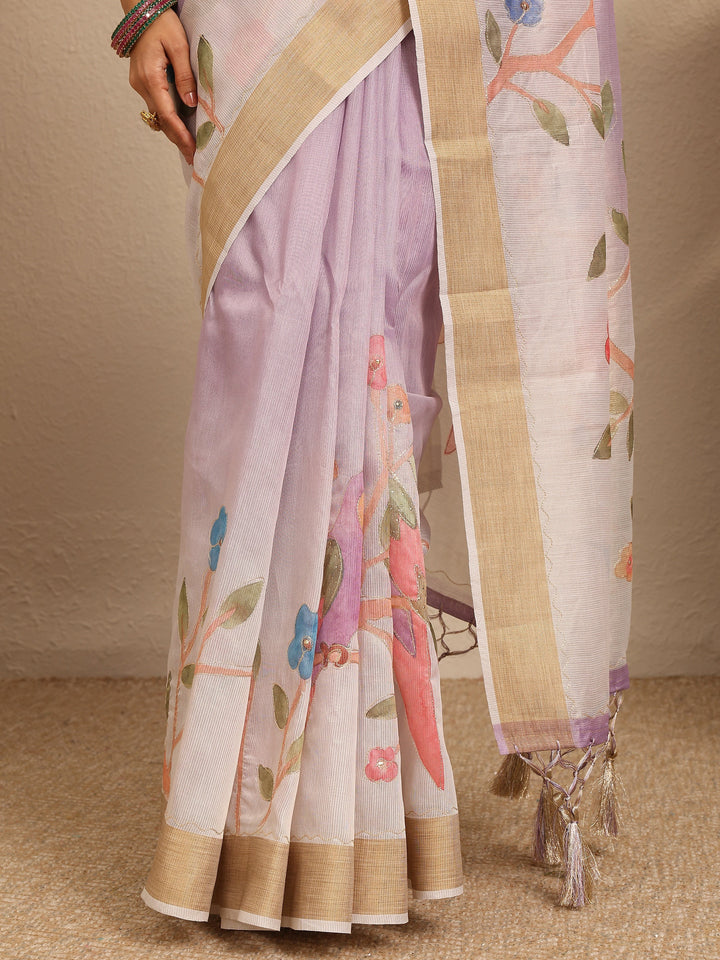 Lavender Embellished Silk Blend Saree With Unstitched Blouse Piece