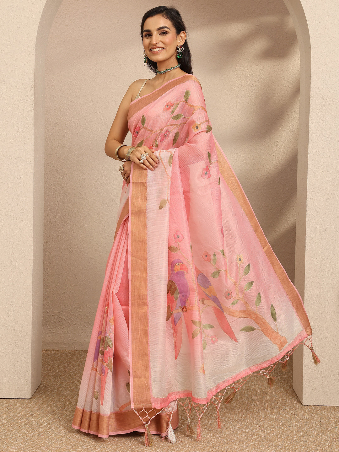 Pink  Embellished Silk Blend Saree With Unstitched Blouse Piece