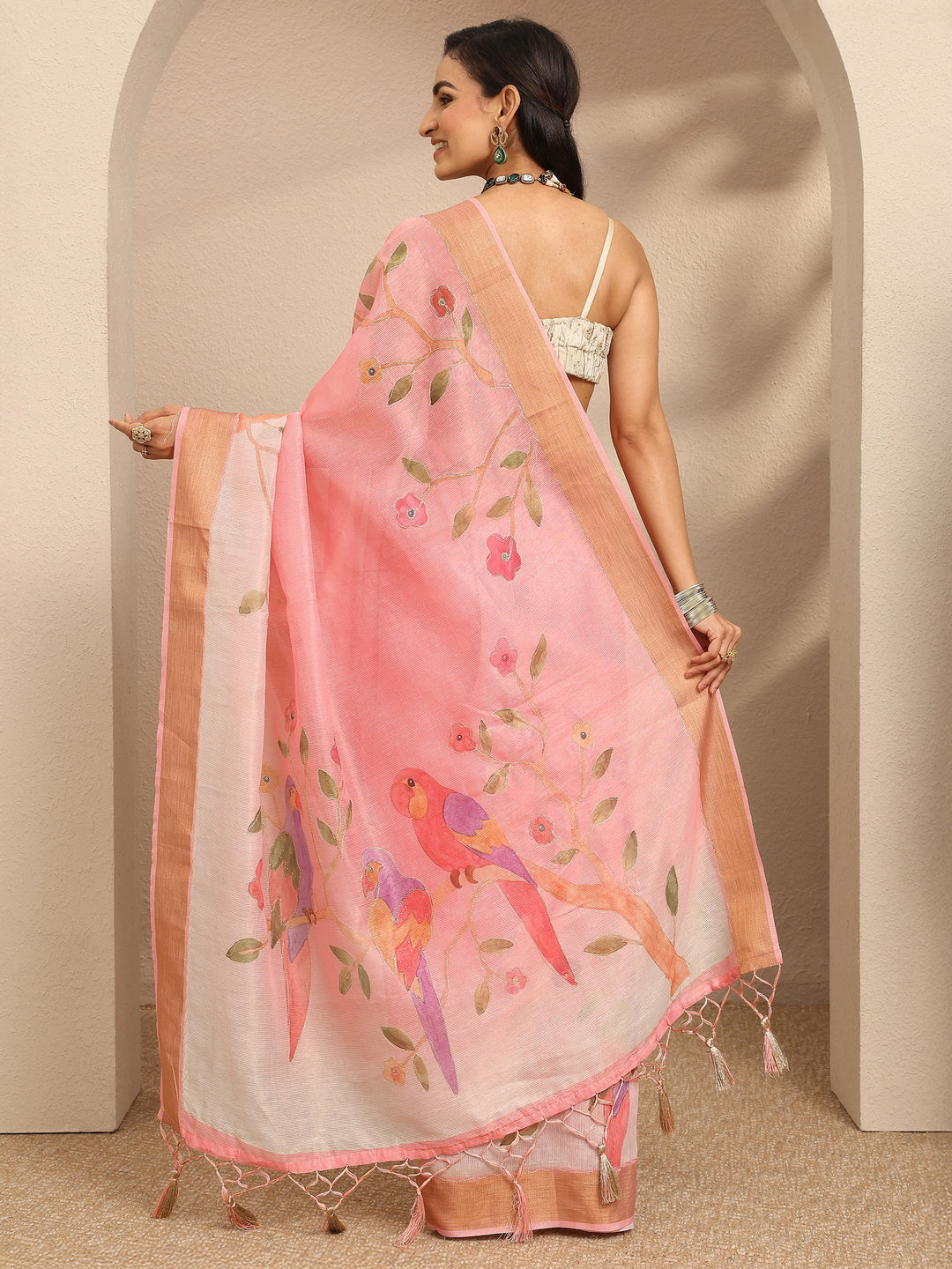 Pink  Embellished Silk Blend Saree With Unstitched Blouse Piece