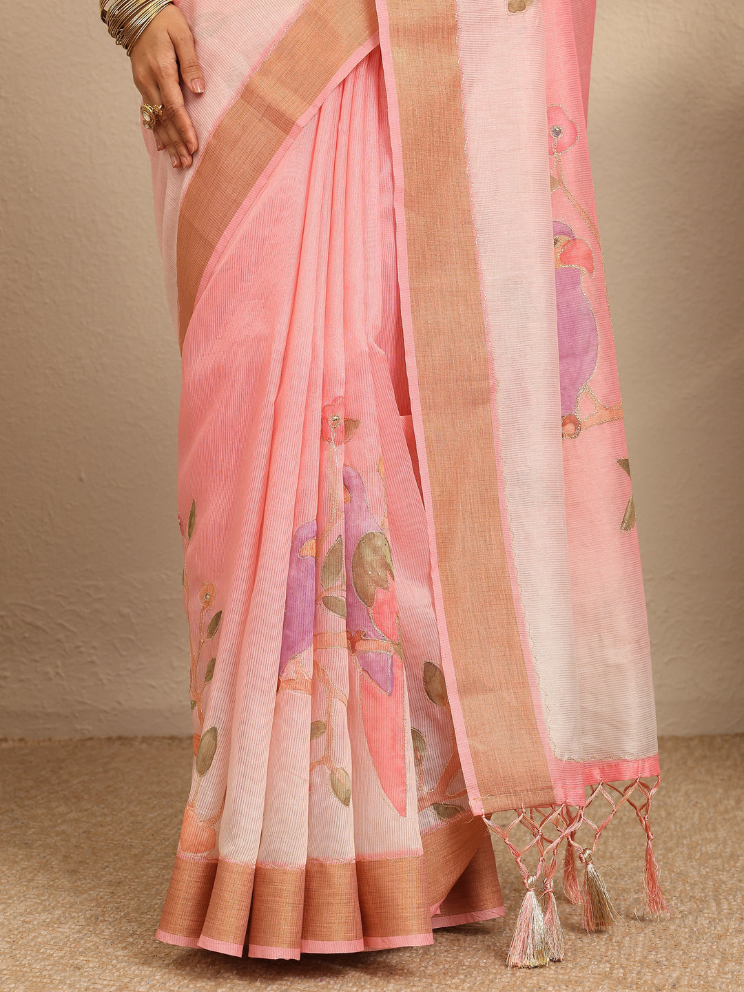 Pink  Embellished Silk Blend Saree With Unstitched Blouse Piece