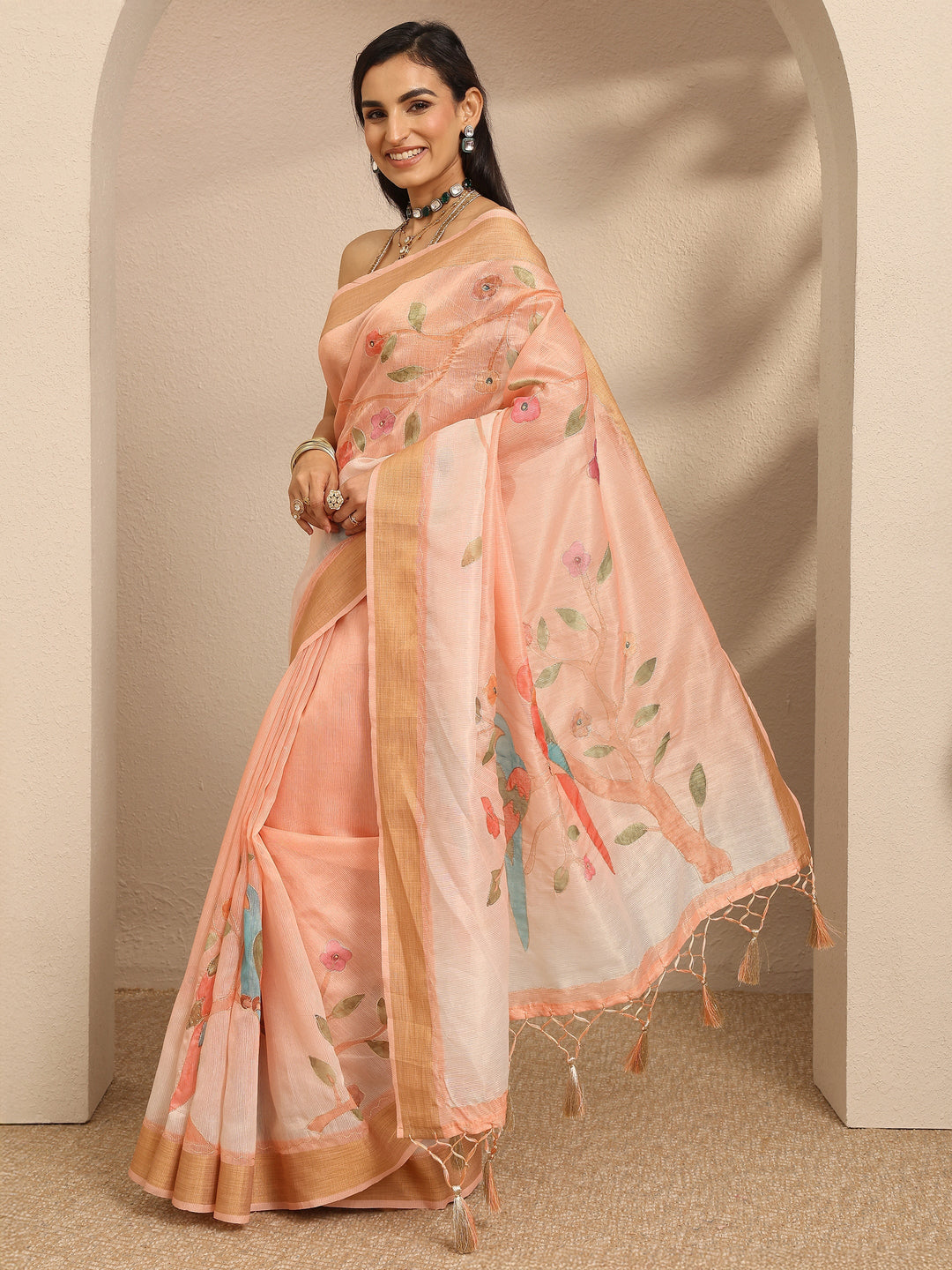 Peach  Embellished Silk Blend Saree With Unstitched Blouse Piece