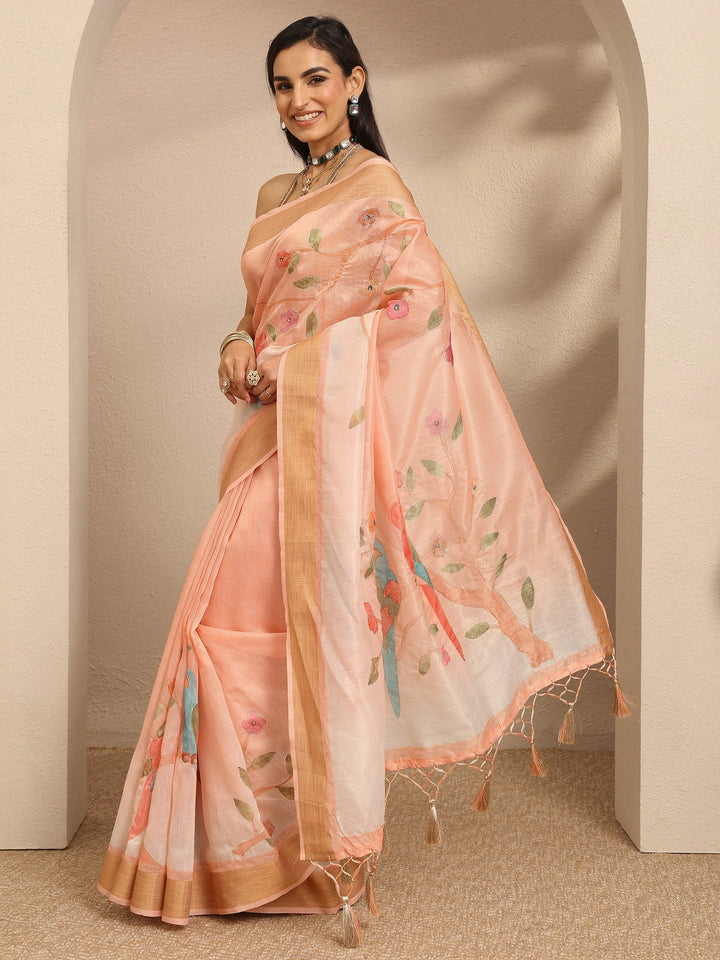 Peach  Embellished Silk Blend Saree With Unstitched Blouse Piece