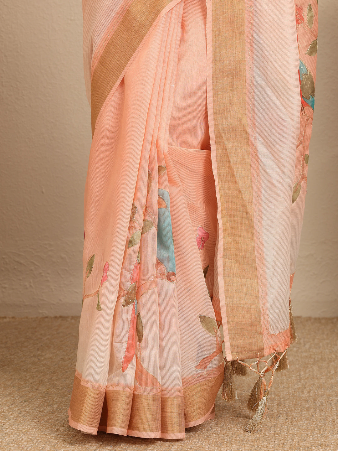 Peach  Embellished Silk Blend Saree With Unstitched Blouse Piece