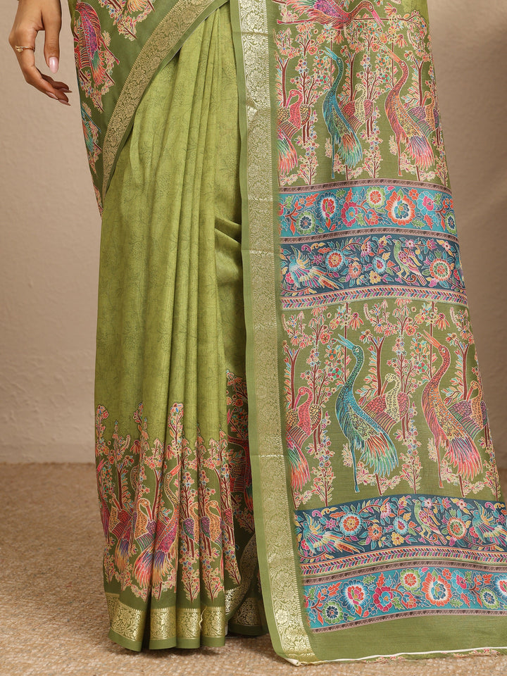 Green Printed Silk Blend Saree With Unstitched Blouse Piece