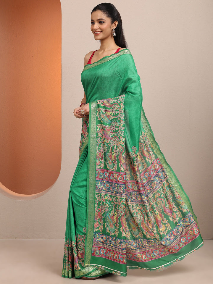 Green Printed Silk Blend Saree With Unstitched Blouse Piece