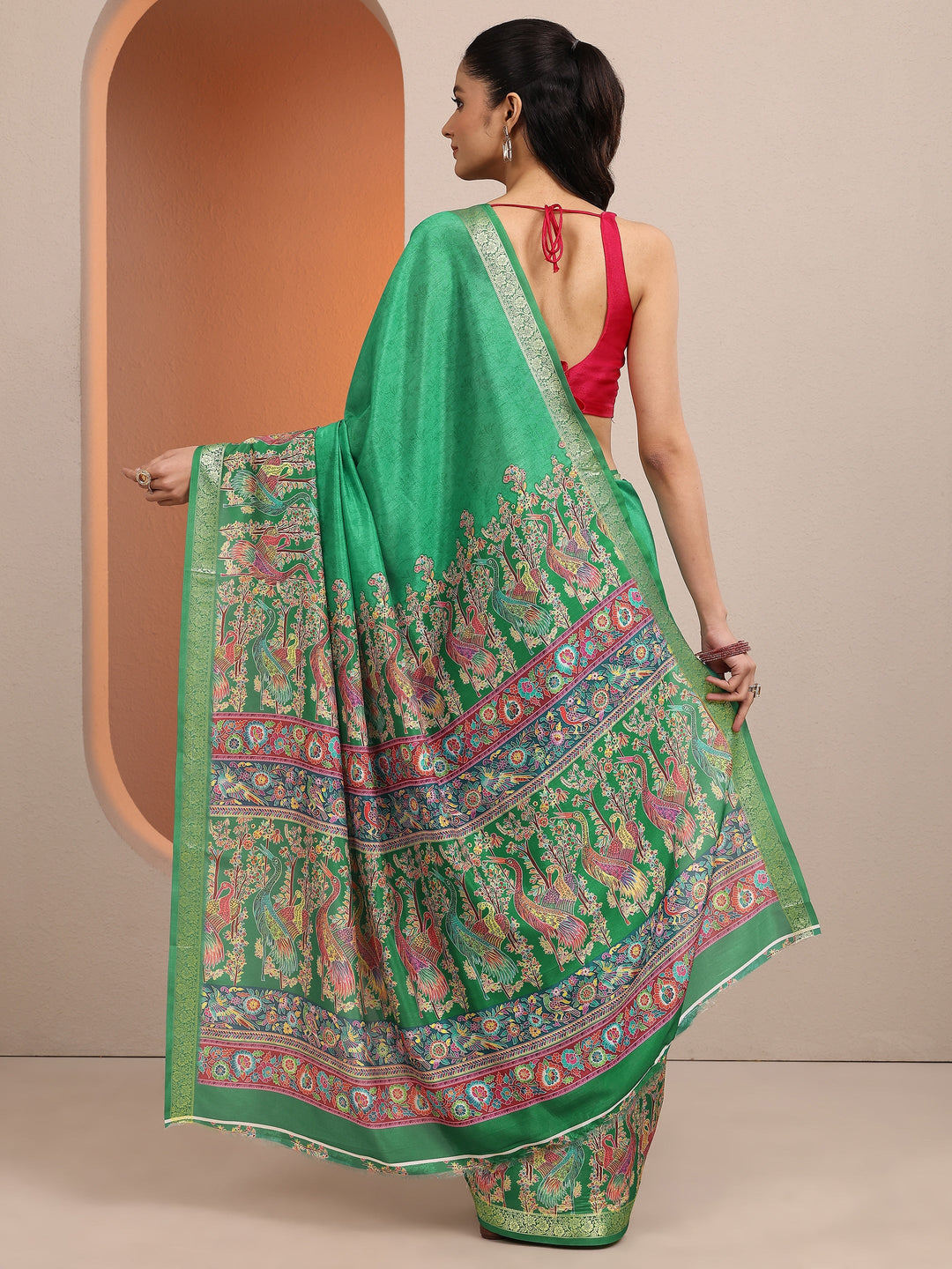 Green Printed Silk Blend Saree With Unstitched Blouse Piece