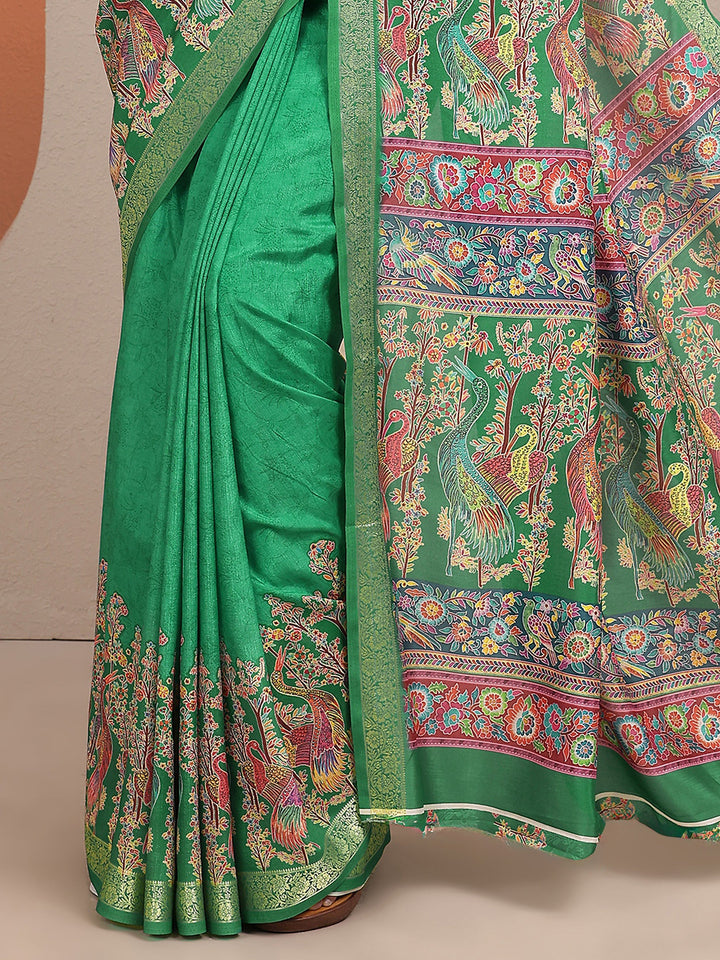 Green Printed Silk Blend Saree With Unstitched Blouse Piece