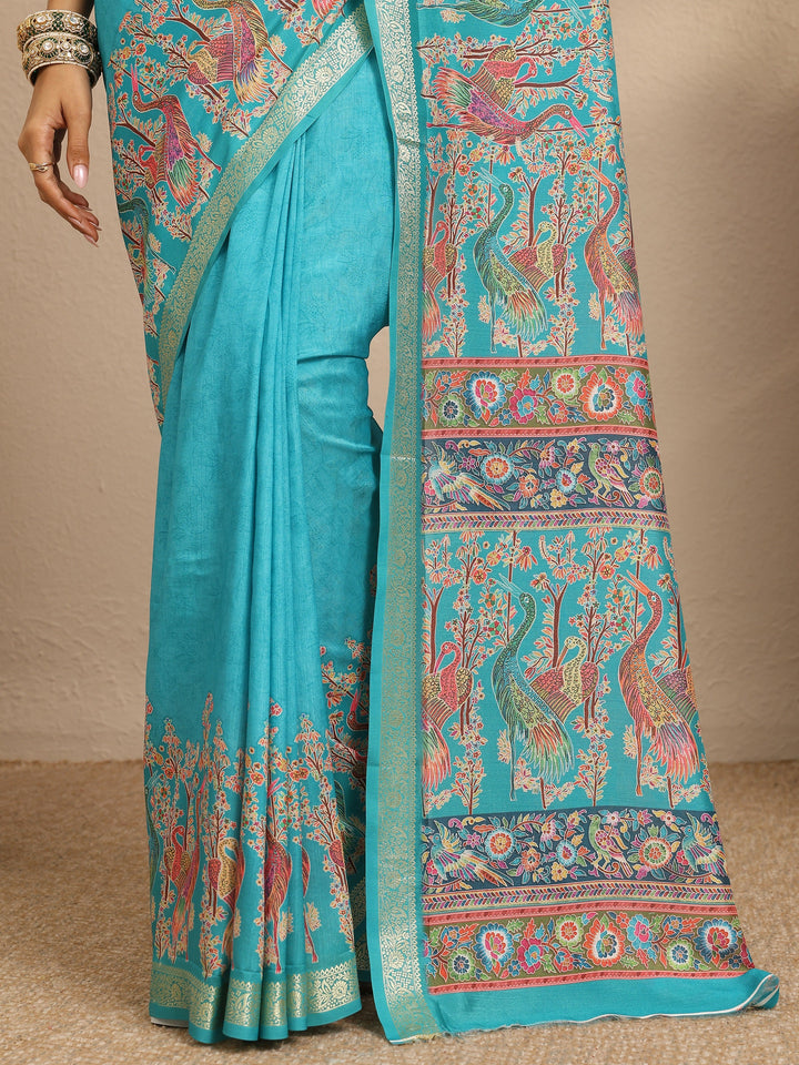 Blue Printed Silk Blend Saree With Unstitched Blouse Piece