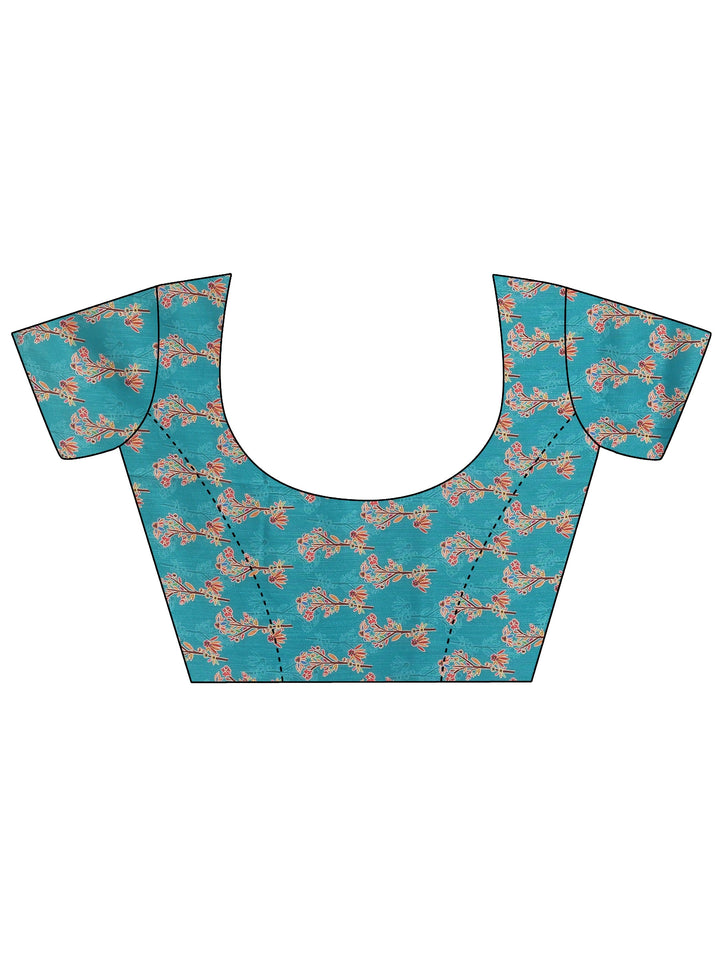 Blue Printed Silk Blend Saree With Unstitched Blouse Piece