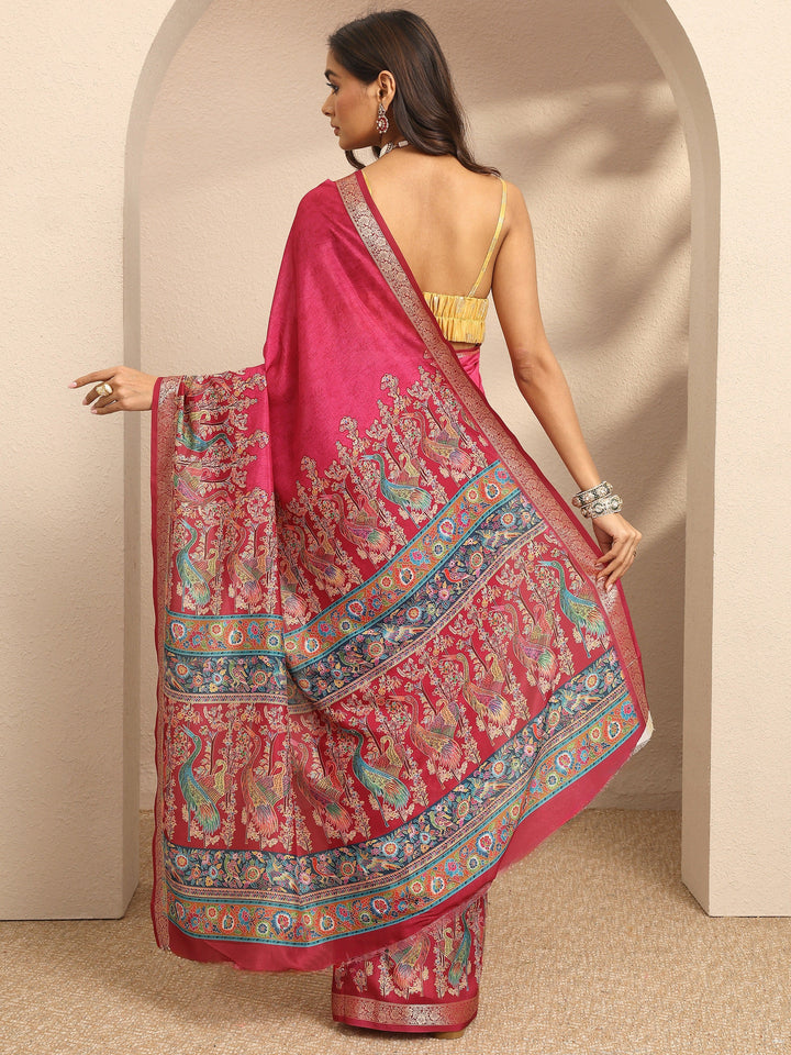 Pink Printed Silk Blend Saree With Unstitched Blouse Piece