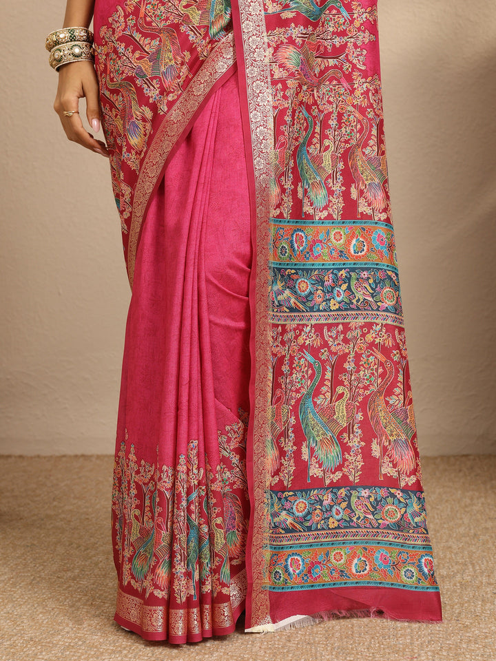 Pink Printed Silk Blend Saree With Unstitched Blouse Piece