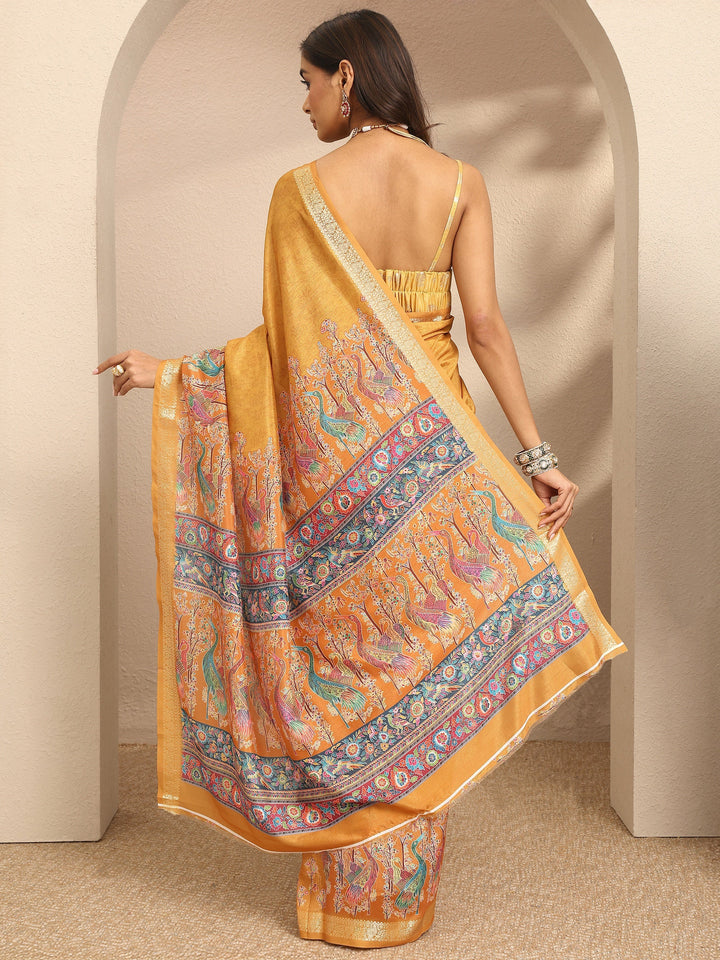 Mustard Printed Silk Blend Saree With Unstitched Blouse Piece